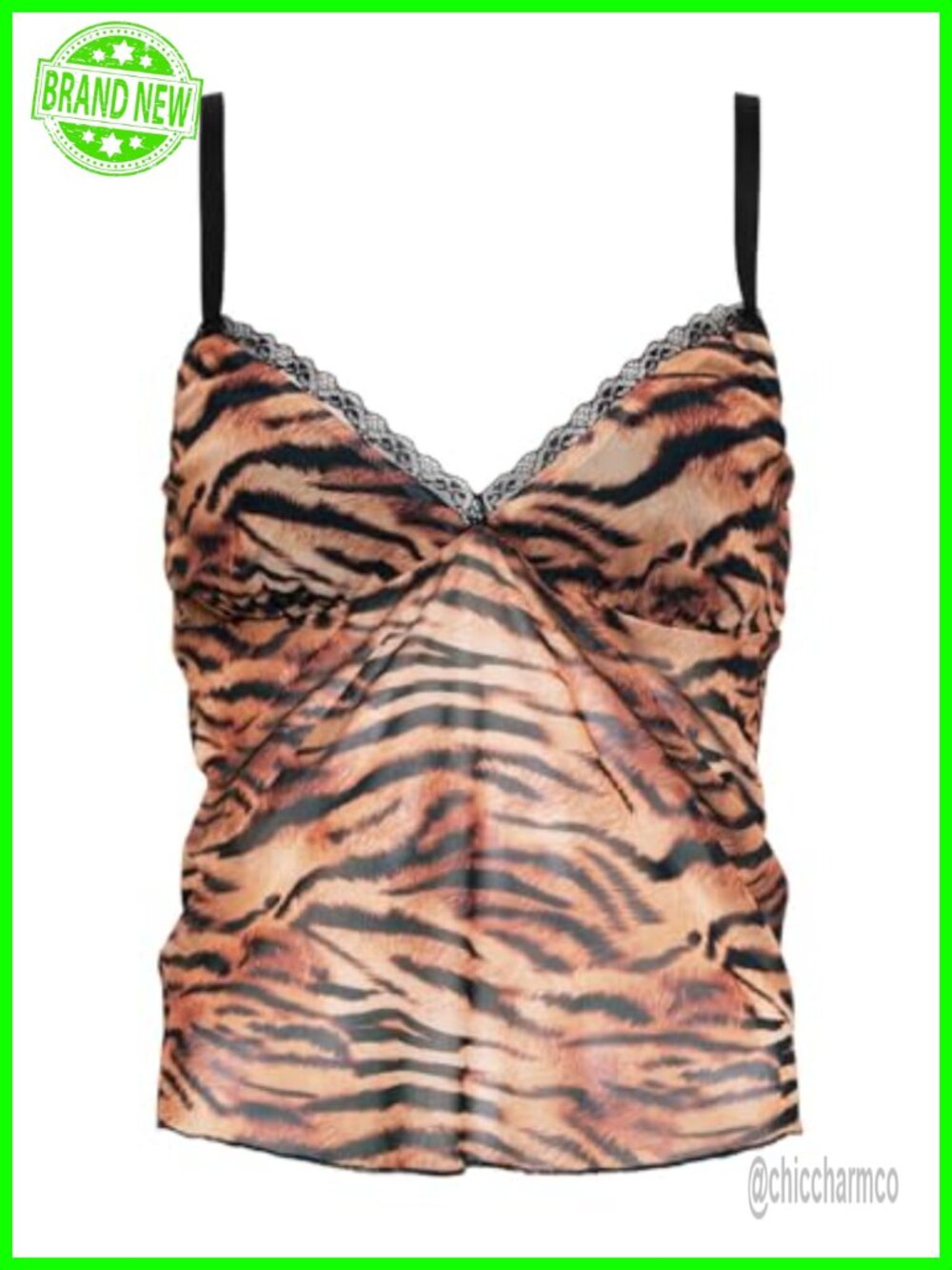 Lace Trim Tiger Print Cami Sheer Backless V Neck Crop Tank Top